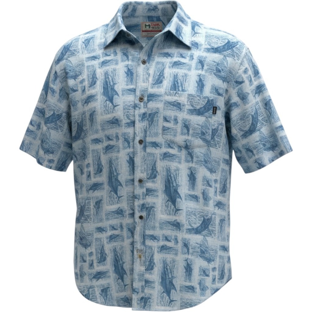 Huk Fishing Shirt Mens XL Blue Marlin Tuna Graphic Short Sleeve Button Down